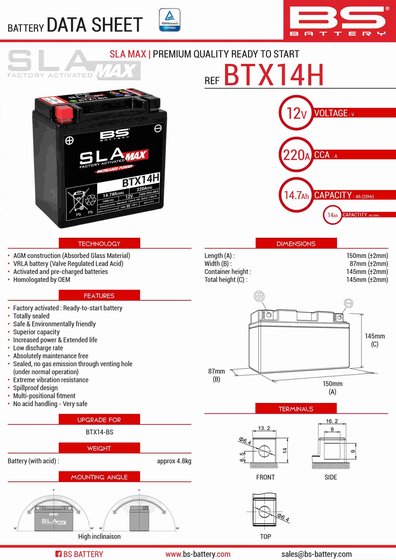 VTX 1300 C (2004 - 2009) btx14h sla max battery | BS BATTERY