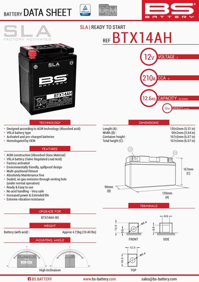 VT 800 SHADOW (1988 - 1988) btx14ah sla 12v 210 a battery | BS BATTERY