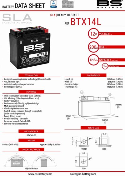 XRV 750 (1990 - 2003) btx14 sla 12v battery | BS BATTERY