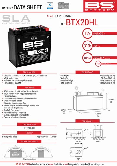 VTX 1800 N (2004 - 2008) btx20hl sla battery | BS BATTERY