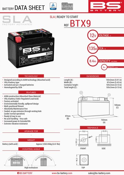 VT 600 C SHADOW (1988 - 2007) btx9 sla 12v 135 a battery | BS BATTERY