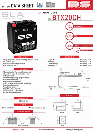 XL 1000 V VARADERO (1999 - 2012) btx20ch sla 12v 270 a battery | BS BATTERY