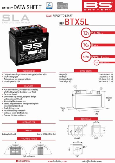 SRX 90 SHADOW (1998 - 2000) btx5l/btz6s battery | BS BATTERY