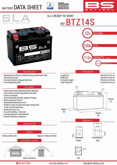 CRF 1000 L AFRICA TWIN (2016 - 2019) btz14s sla akumuliatorius | BS BATTERY